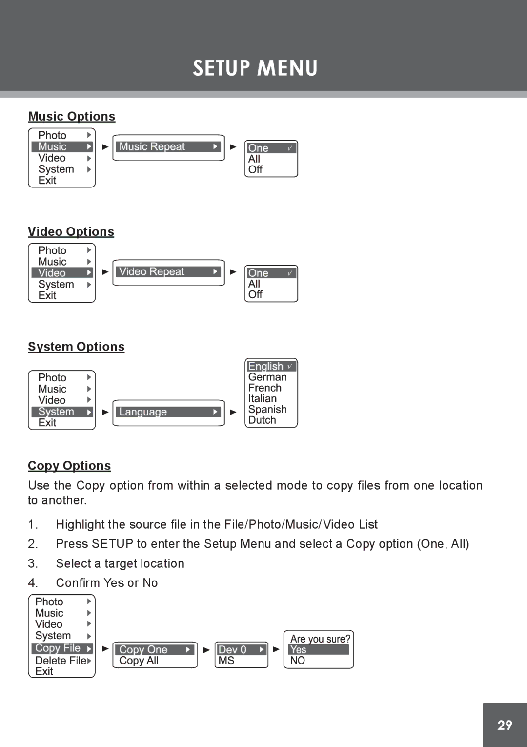 COBY electronic DP-562 instruction manual Music Options Video Options System Options Copy Options 