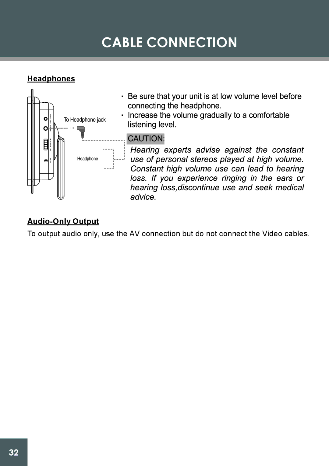 COBY electronic DP-562 instruction manual Headphones Audio-Only Output 