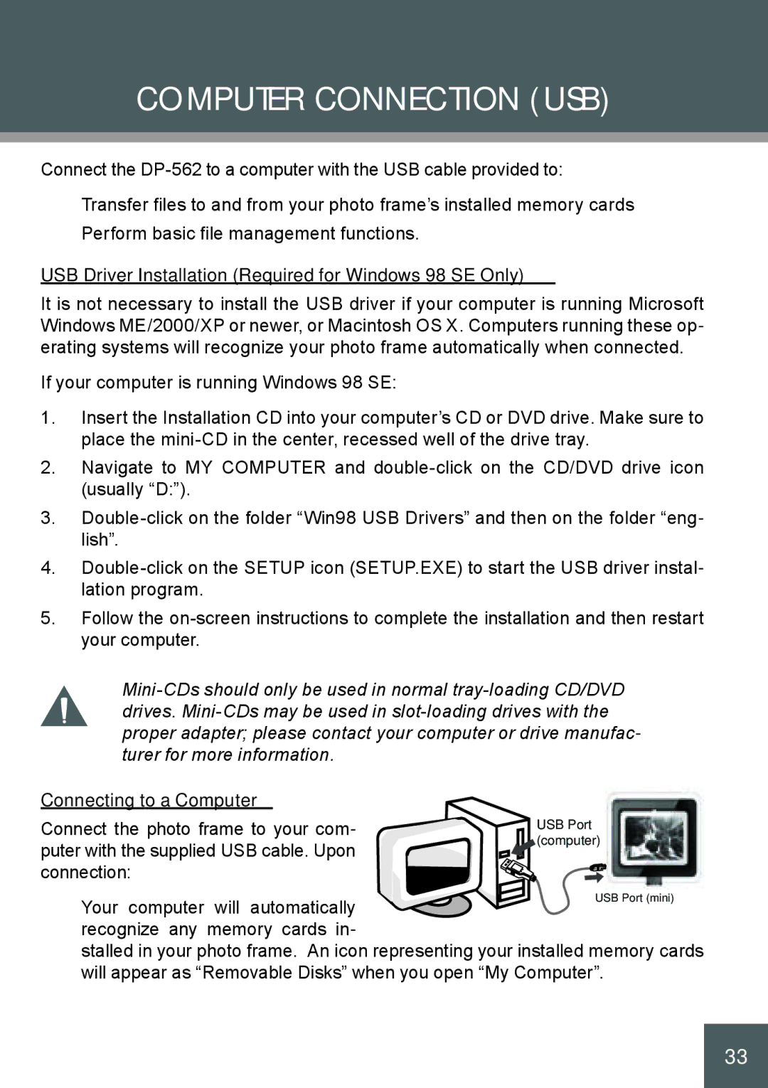 COBY electronic DP-562 instruction manual Computer Connection USB, USB Driver Installation Required for Windows 98 SE Only 