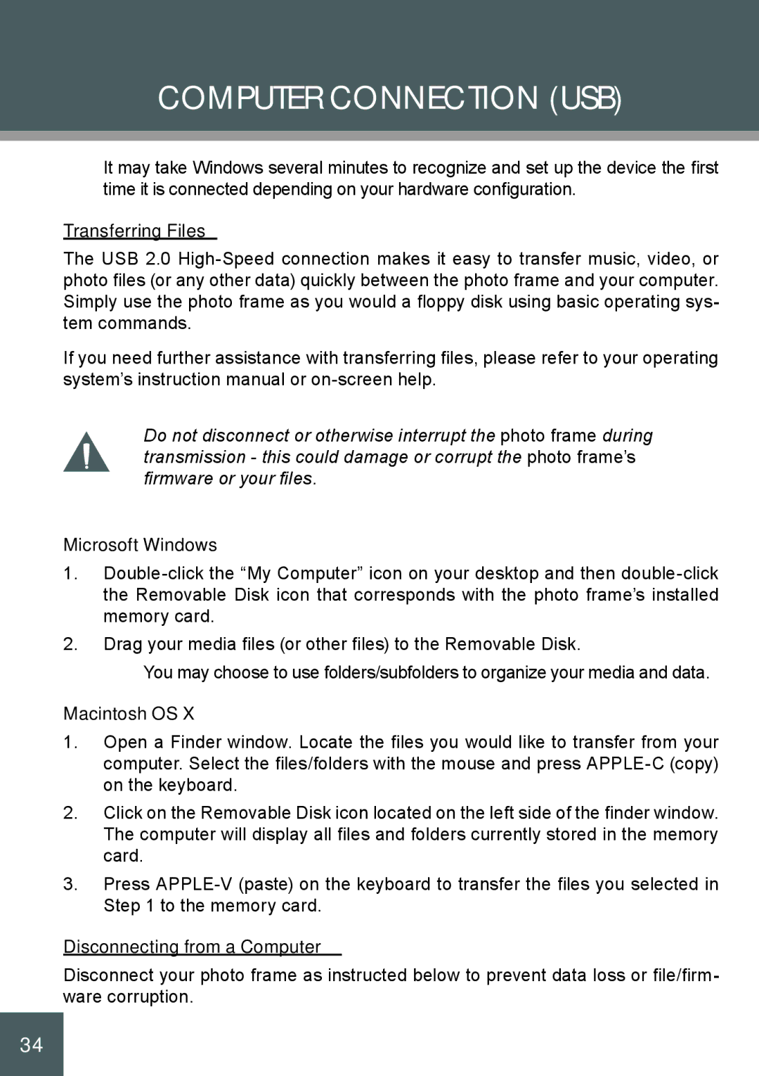 COBY electronic DP-562 Transferring Files, Microsoft Windows, Macintosh OS, Disconnecting from a Computer 