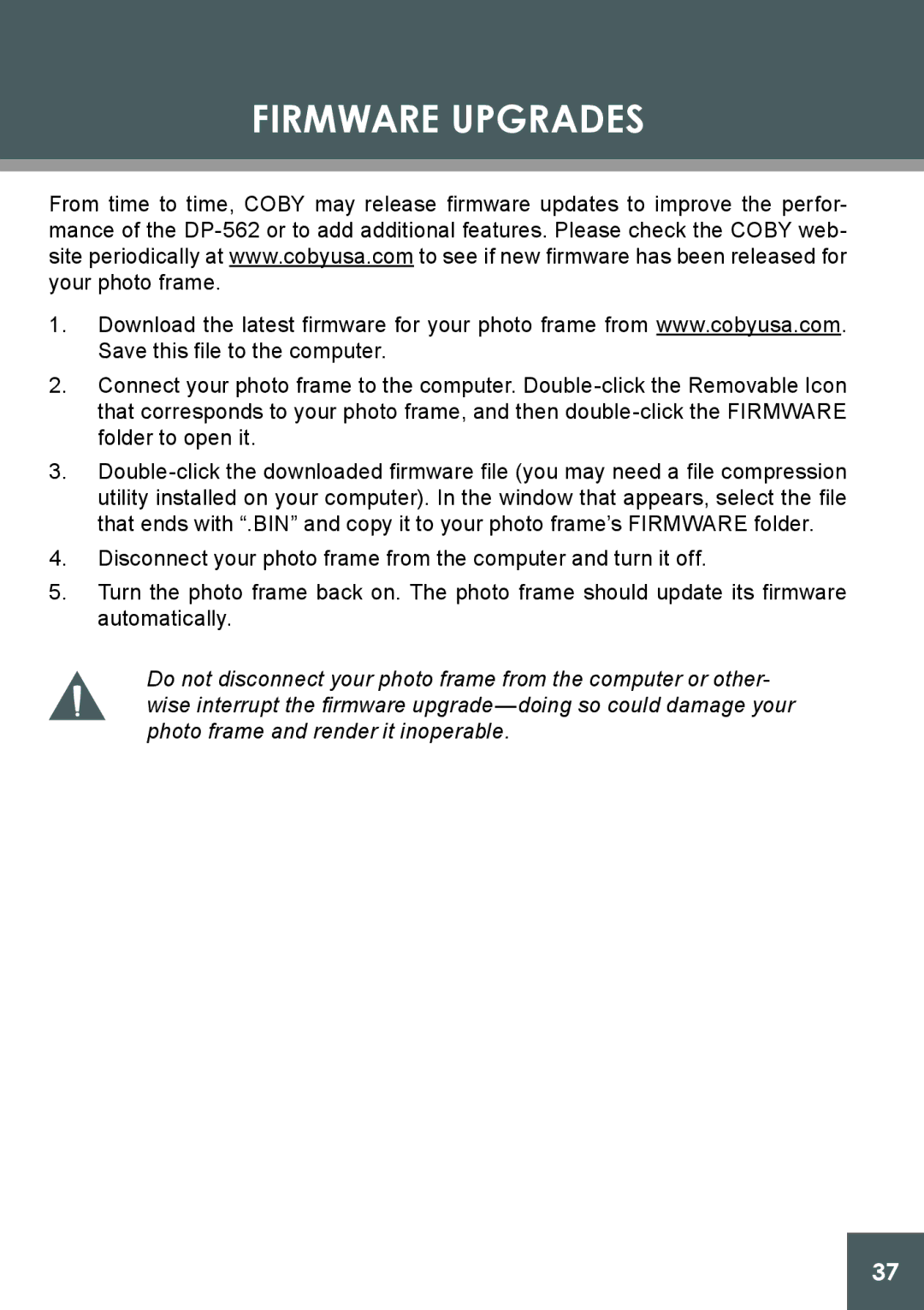 COBY electronic DP-562 instruction manual Firmware Upgrades 