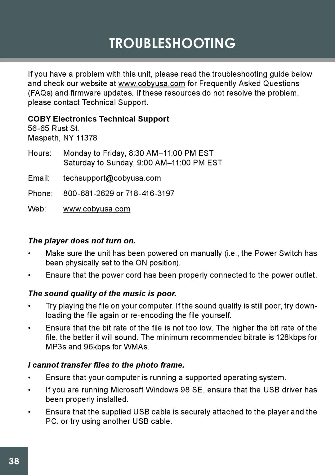 COBY electronic DP-562 instruction manual Troubleshooting, Coby Electronics Technical Support 