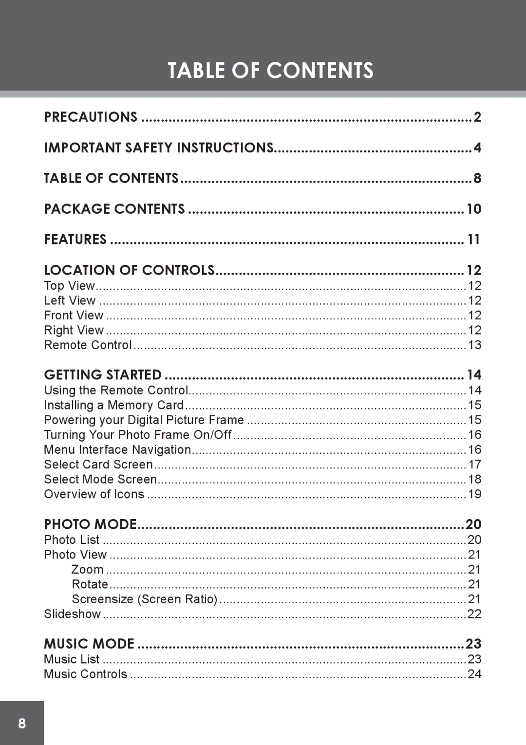 COBY electronic DP-562 instruction manual Table of Contents 