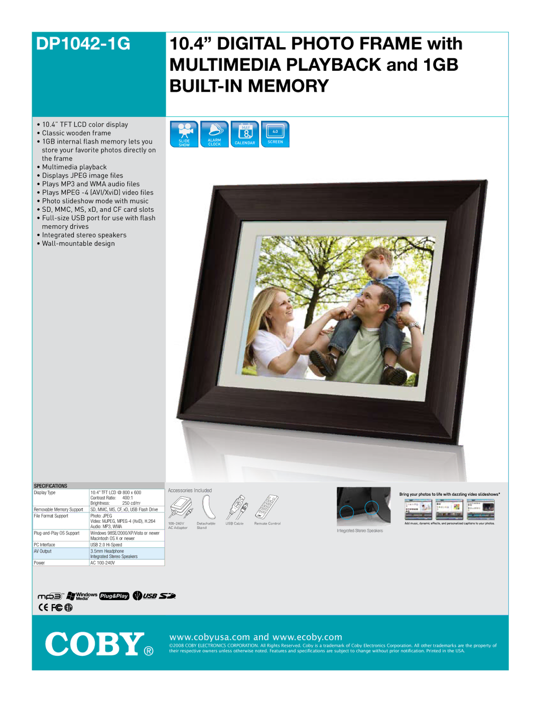 COBY electronic DP1042-1G specifications BUILT-IN Memory, Specifications 