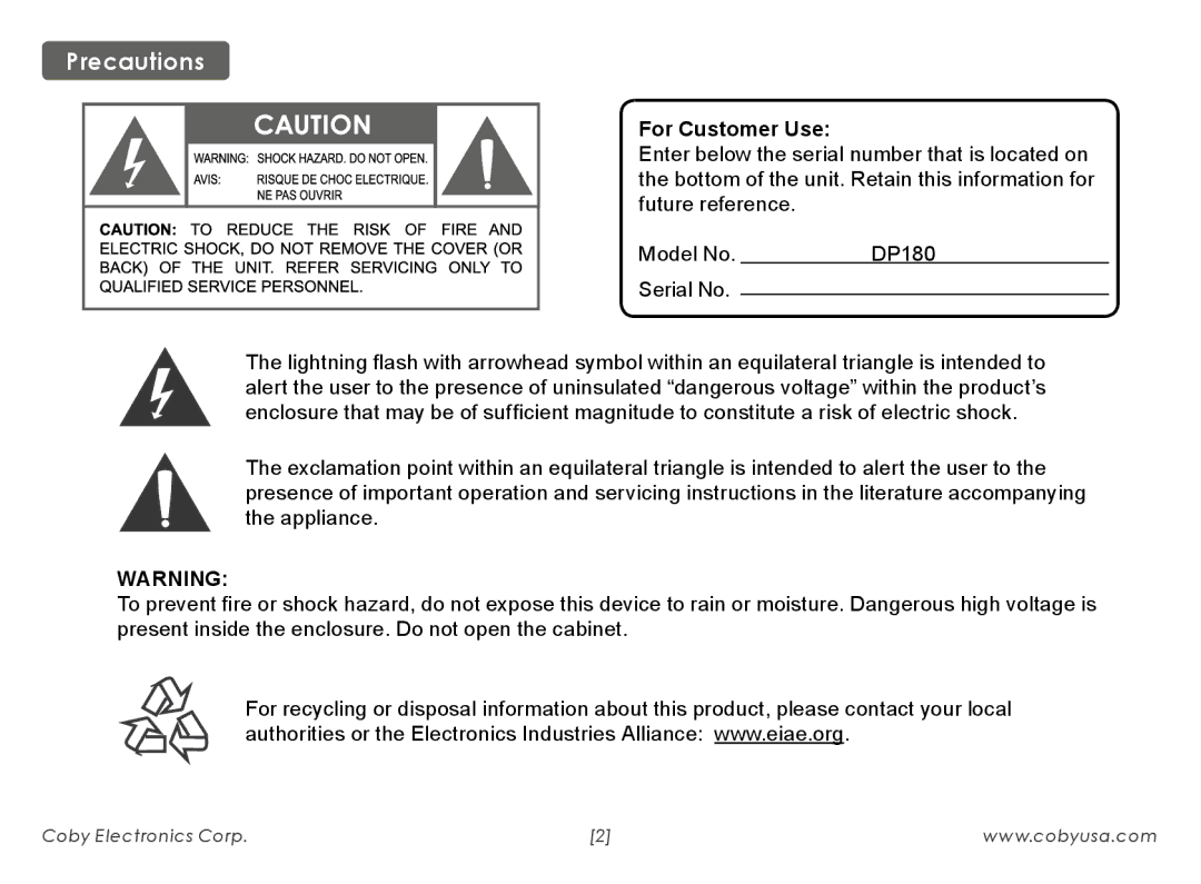 COBY electronic DP180, 180BW instruction manual Precautions, For Customer Use 