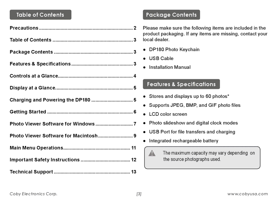 COBY electronic 180BW, DP180 instruction manual Table of Contents Package Contents, Features & Specifications 