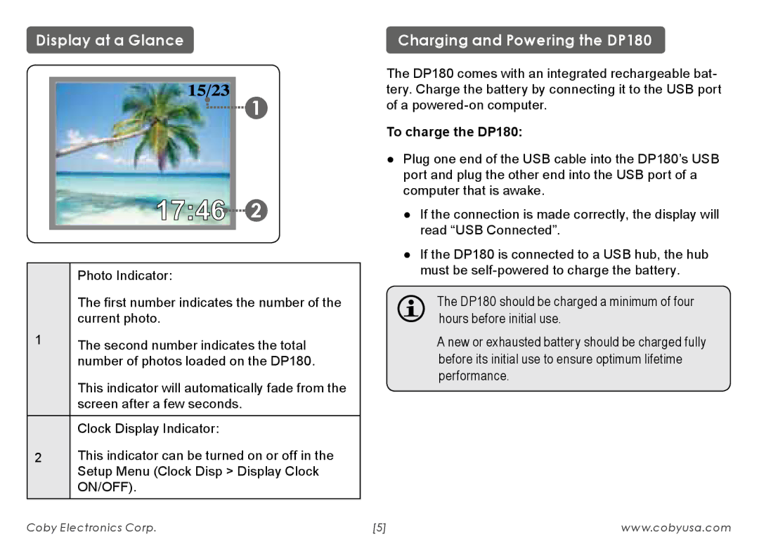 COBY electronic 180BW instruction manual Display at a Glance, Charging and Powering the DP180, To charge the DP180 