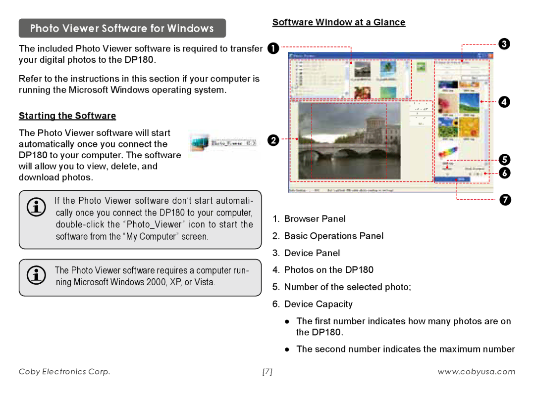 COBY electronic 180BW, DP180 Photo Viewer Software for Windows, Starting the Software, Software Window at a Glance 