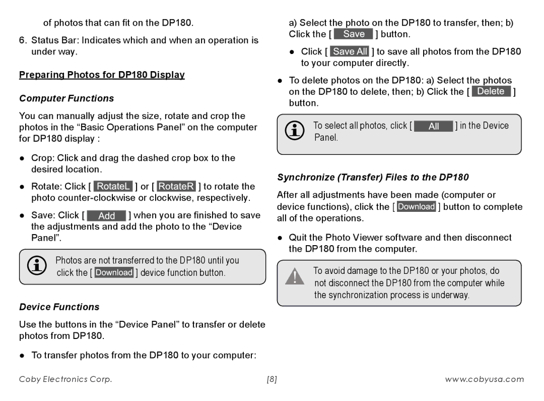 COBY electronic 180BW instruction manual Preparing Photos for DP180 Display, Computer Functions 