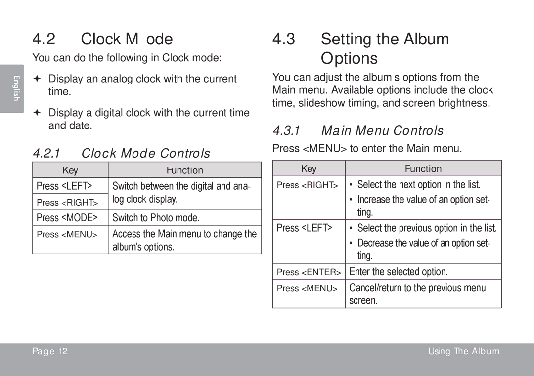 COBY electronic DP245 instruction manual Setting the Album Options, Clock Mode Controls, Main Menu Controls 