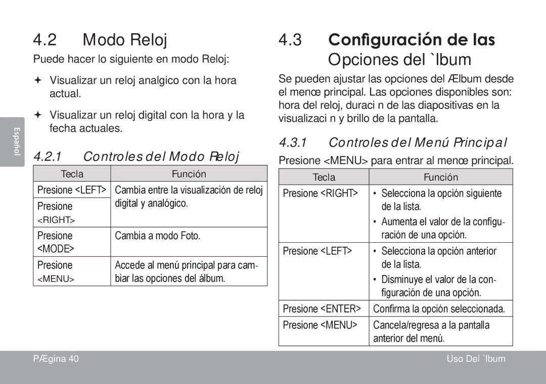 COBY electronic DP245 Configuración de las Opciones del Álbum, Controles del Modo Reloj, Controles del Menú Principal 