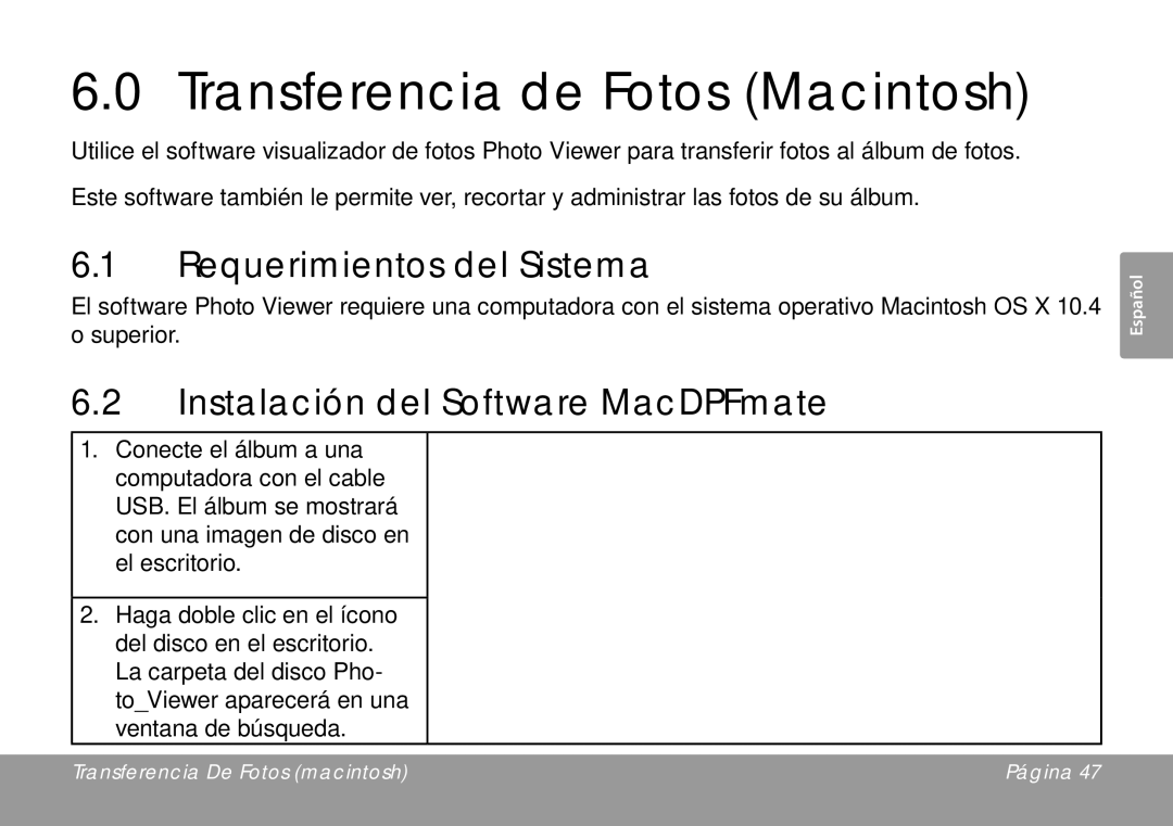 COBY electronic DP245 instruction manual Transferencia de Fotos Macintosh, Instalación del Software MacDPFmate 