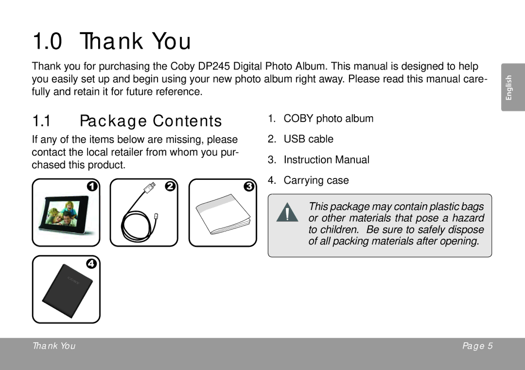 COBY electronic DP245 instruction manual Thank You, Package Contents 