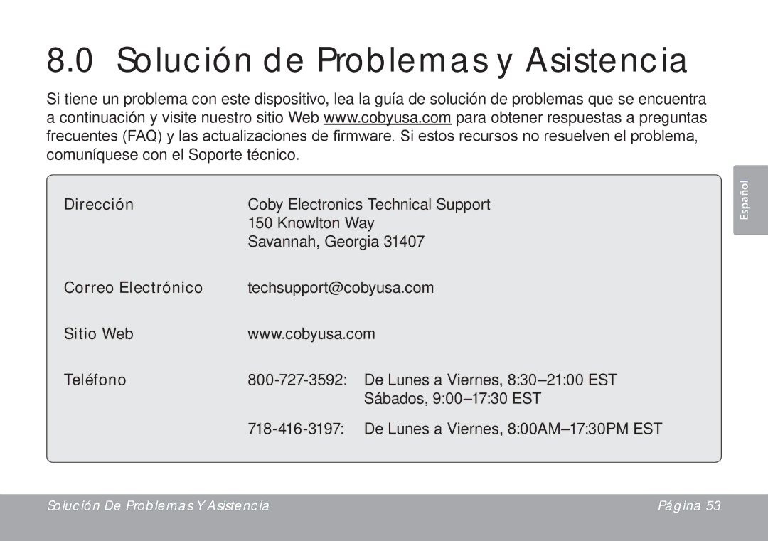 COBY electronic DP245 Solución de Problemas y Asistencia, Dirección, Correo Electrónico, Sitio Web Teléfono 