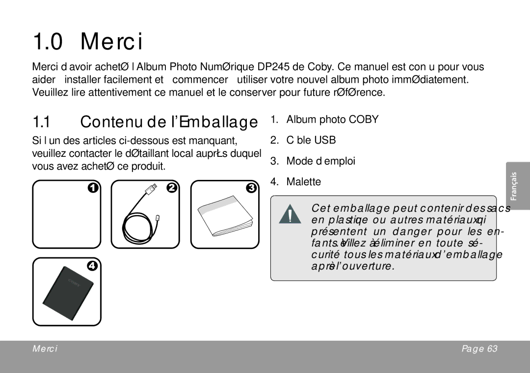 COBY electronic DP245 instruction manual Merci, Contenu de l’Emballage 