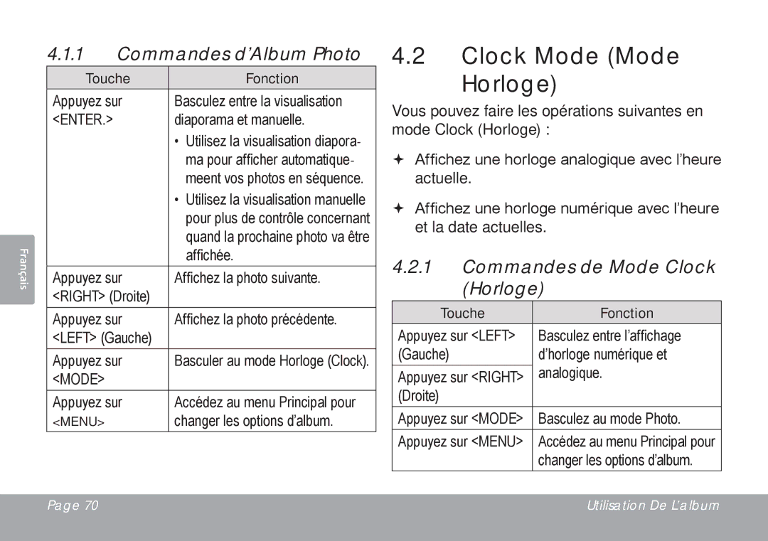 COBY electronic DP245 Clock Mode Mode Horloge, Commandes d’Album Photo, Commandes de Mode Clock Horloge, Touche Fonction 