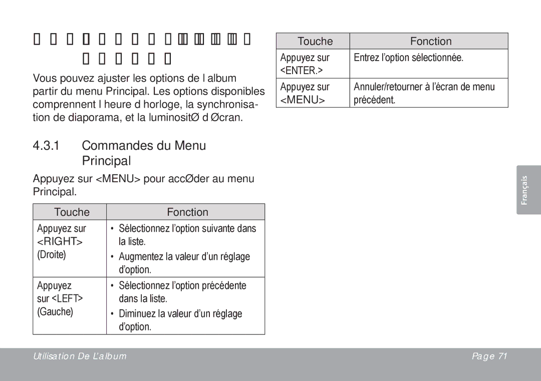 COBY electronic DP245 instruction manual Régler les Options ’Album, Commandes du Menu Principal 