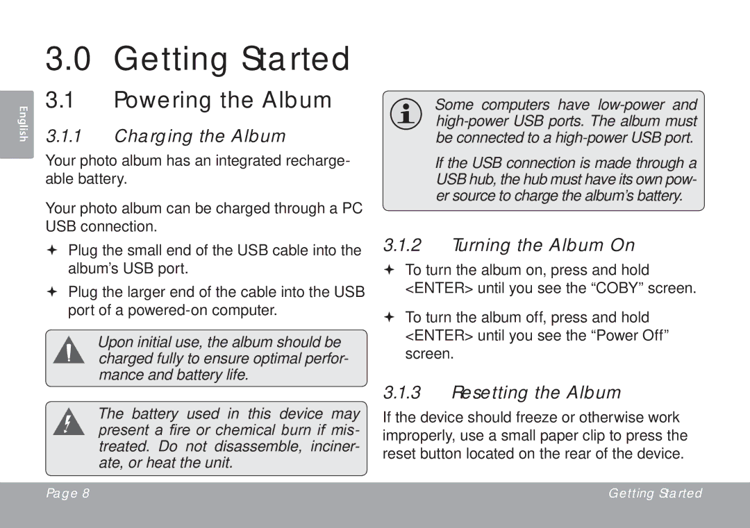 COBY electronic DP245 Getting Started, Powering the Album, Charging the Album, Turning the Album On, Resetting the Album 