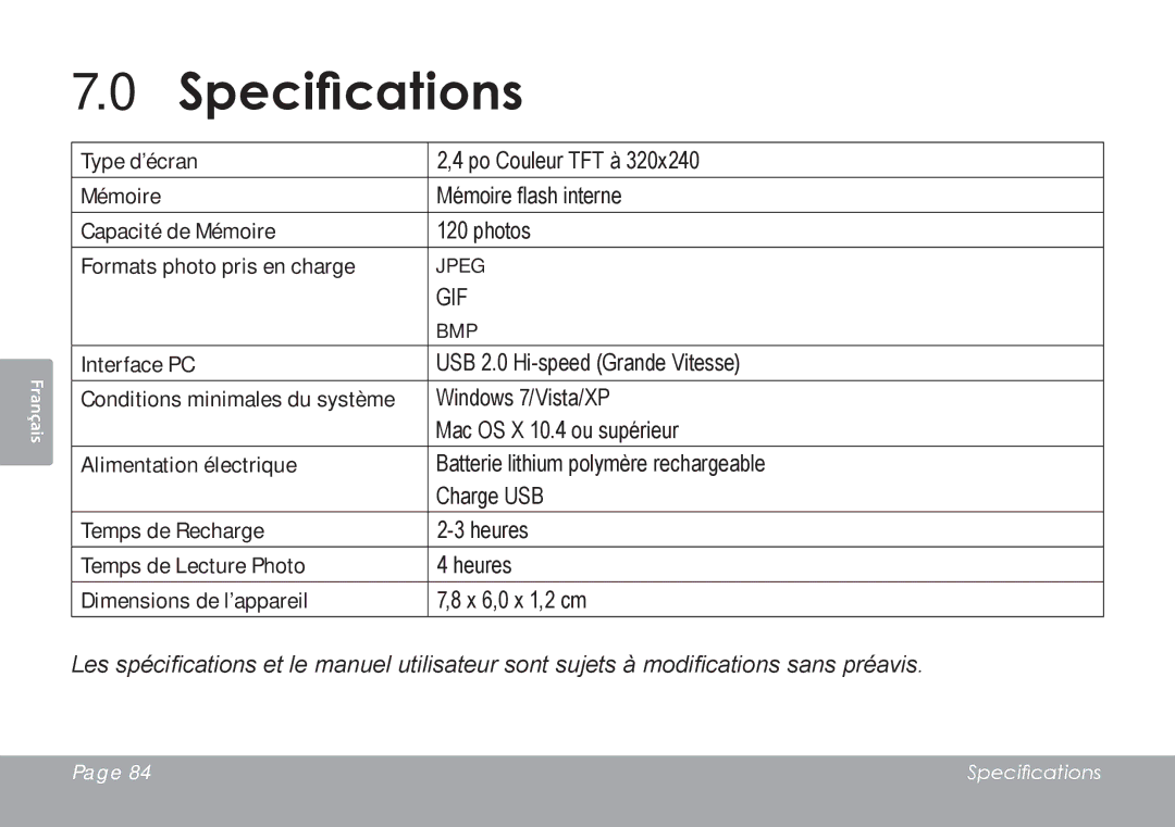 COBY electronic DP245 Type d’écran, Capacité de Mémoire, Formats photo pris en charge, Interface PC, Temps de Recharge 