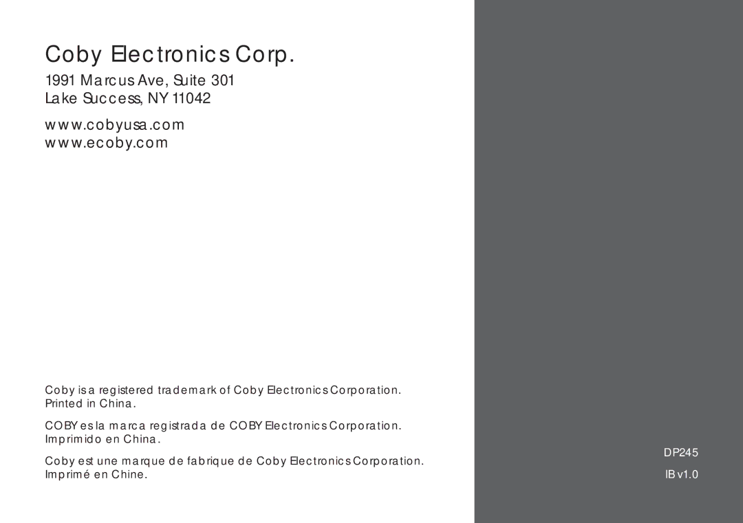 COBY electronic DP245 instruction manual Coby Electronics Corp, Marcus Ave, Suite 301 Lake Success, NY 