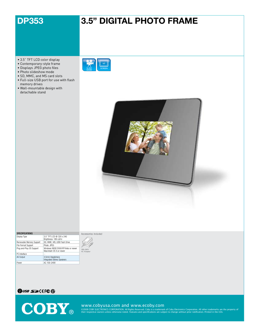 COBY electronic DP350 specifications Digital Photo Frame, Specifications 