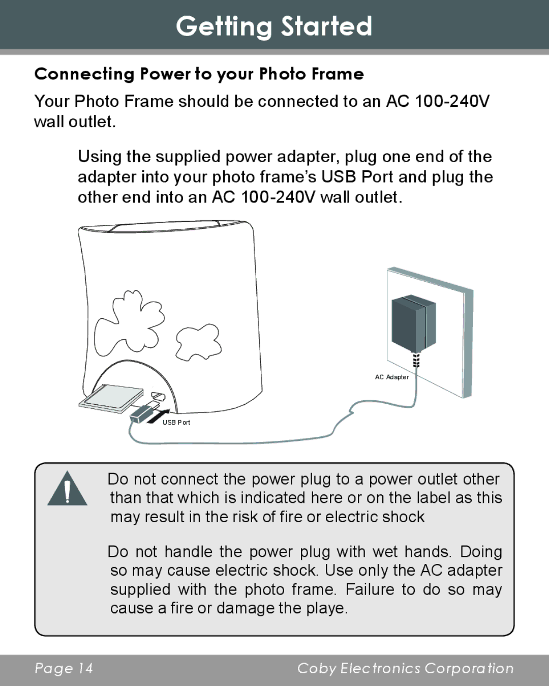 COBY electronic DP356 instruction manual Connecting Power to your Photo Frame 