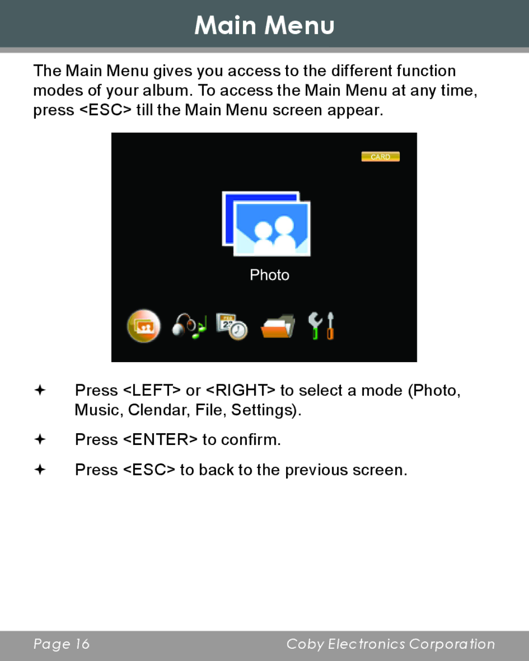 COBY electronic DP356 instruction manual Main Menu 