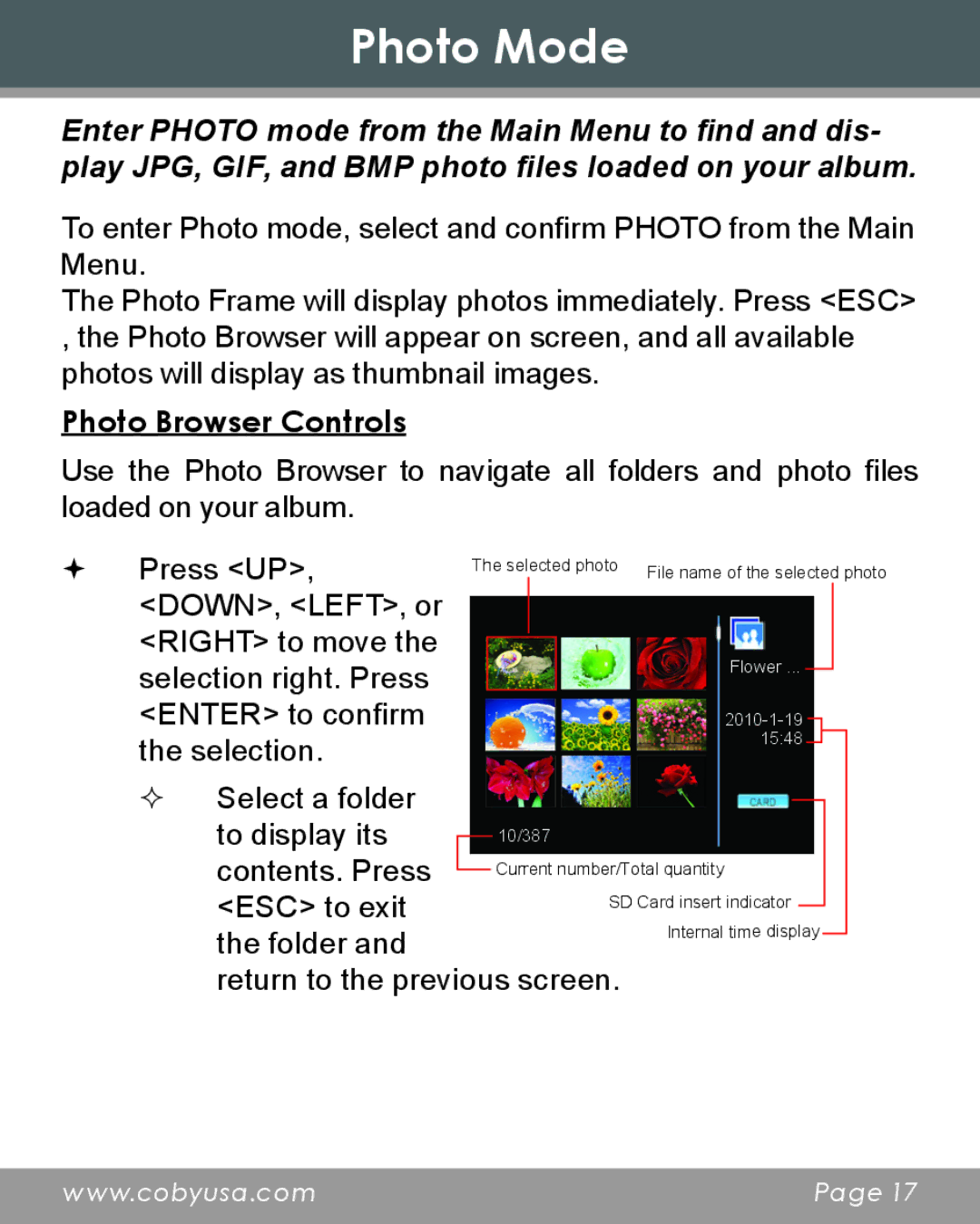 COBY electronic DP356 instruction manual Photo Mode, Photo Browser Controls 