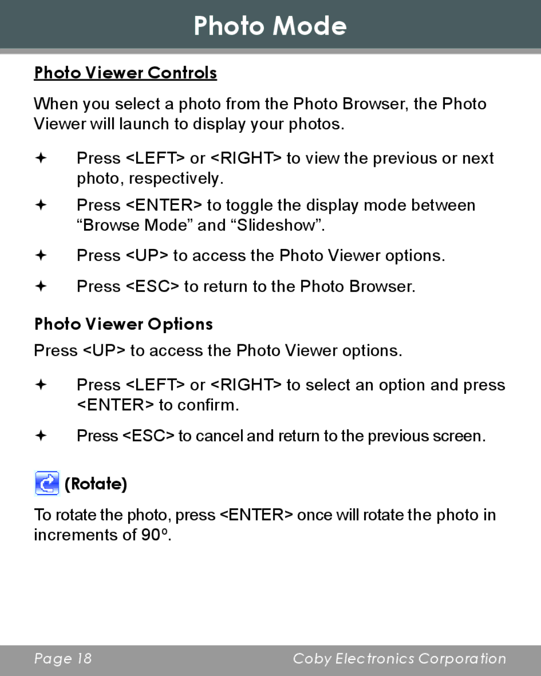 COBY electronic DP356 instruction manual Photo Viewer Controls, Photo Viewer Options, Rotate 