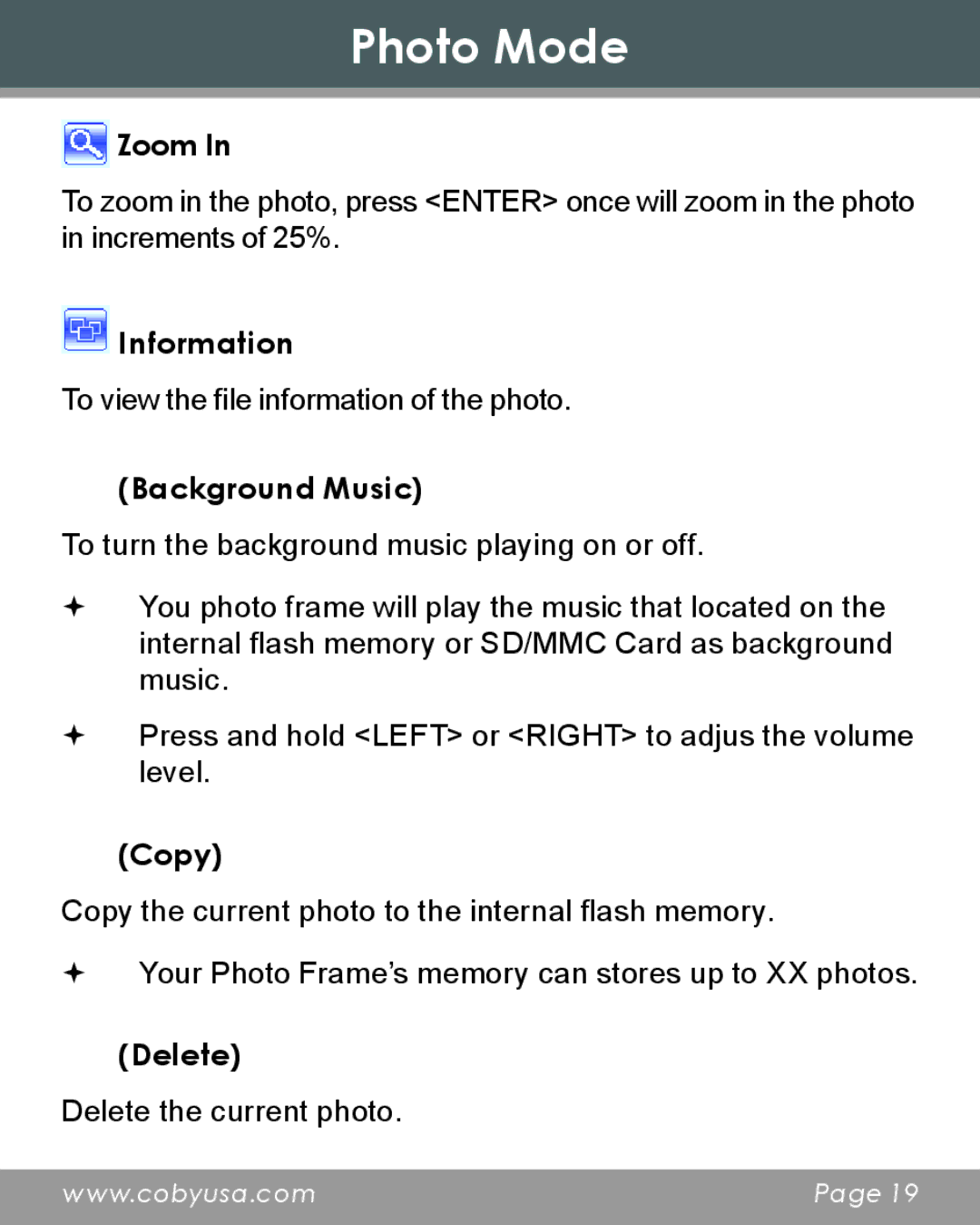 COBY electronic DP356 instruction manual Zoom, Information, Background Music, Copy, Delete 