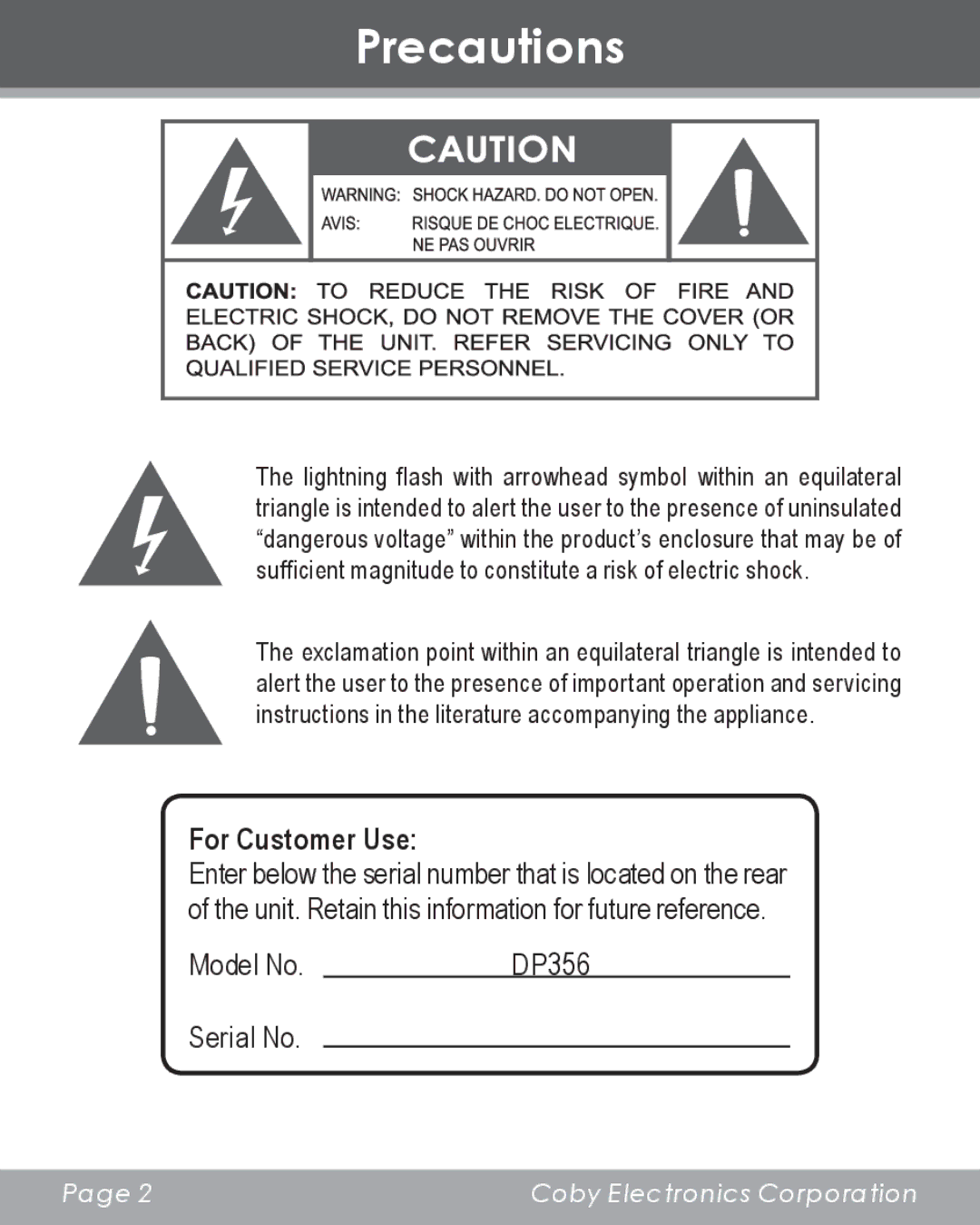 COBY electronic DP356 instruction manual Precautions, For Customer Use 