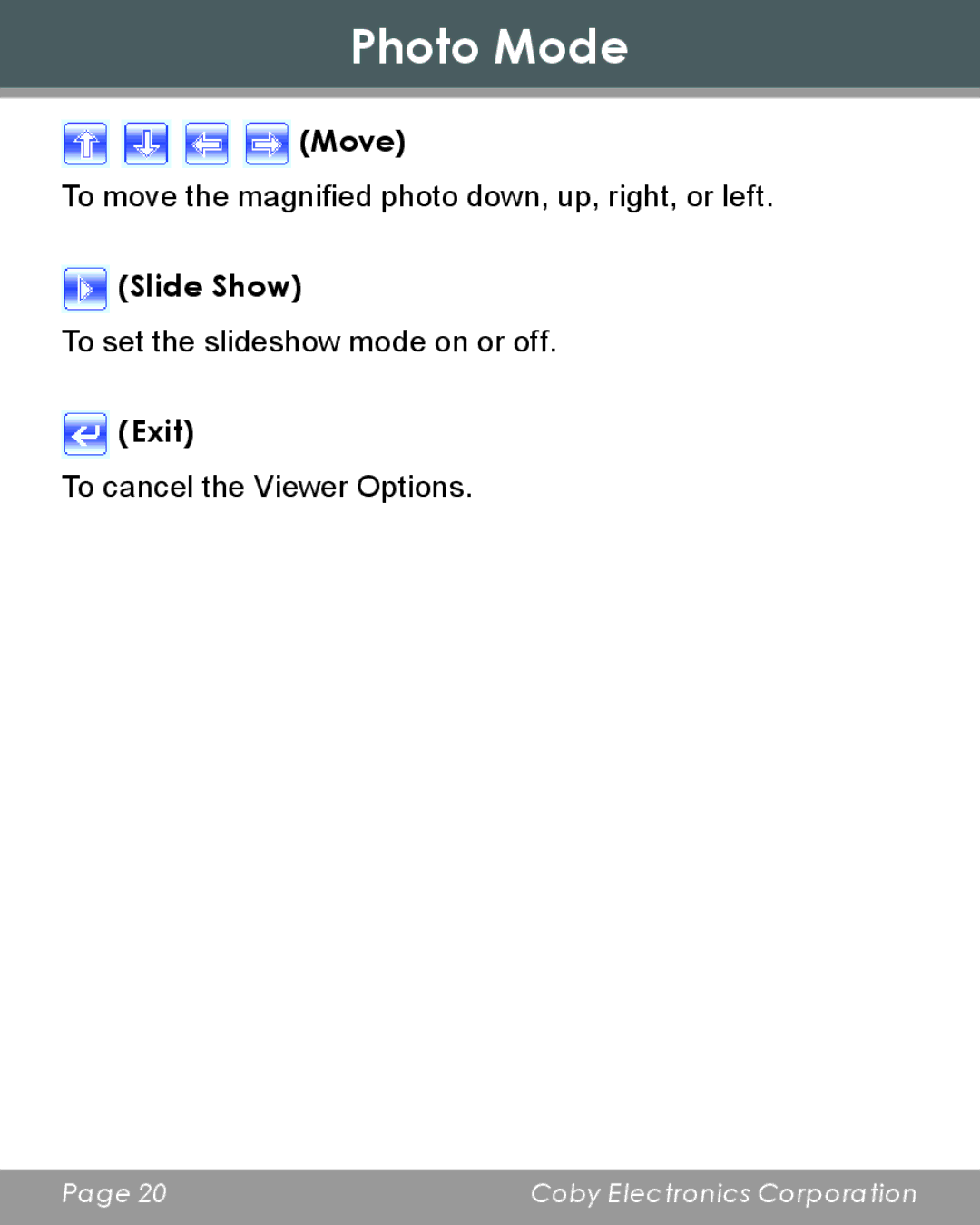 COBY electronic DP356 instruction manual Move, Slide Show, Exit 