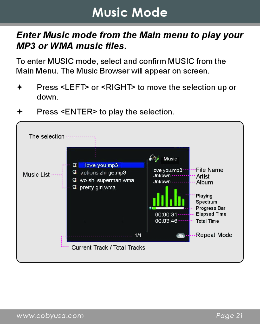 COBY electronic DP356 instruction manual Music Mode 