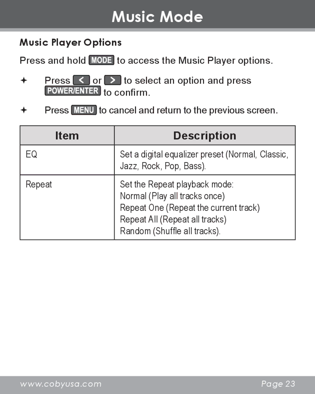 COBY electronic DP356 instruction manual Description, Music Player Options 