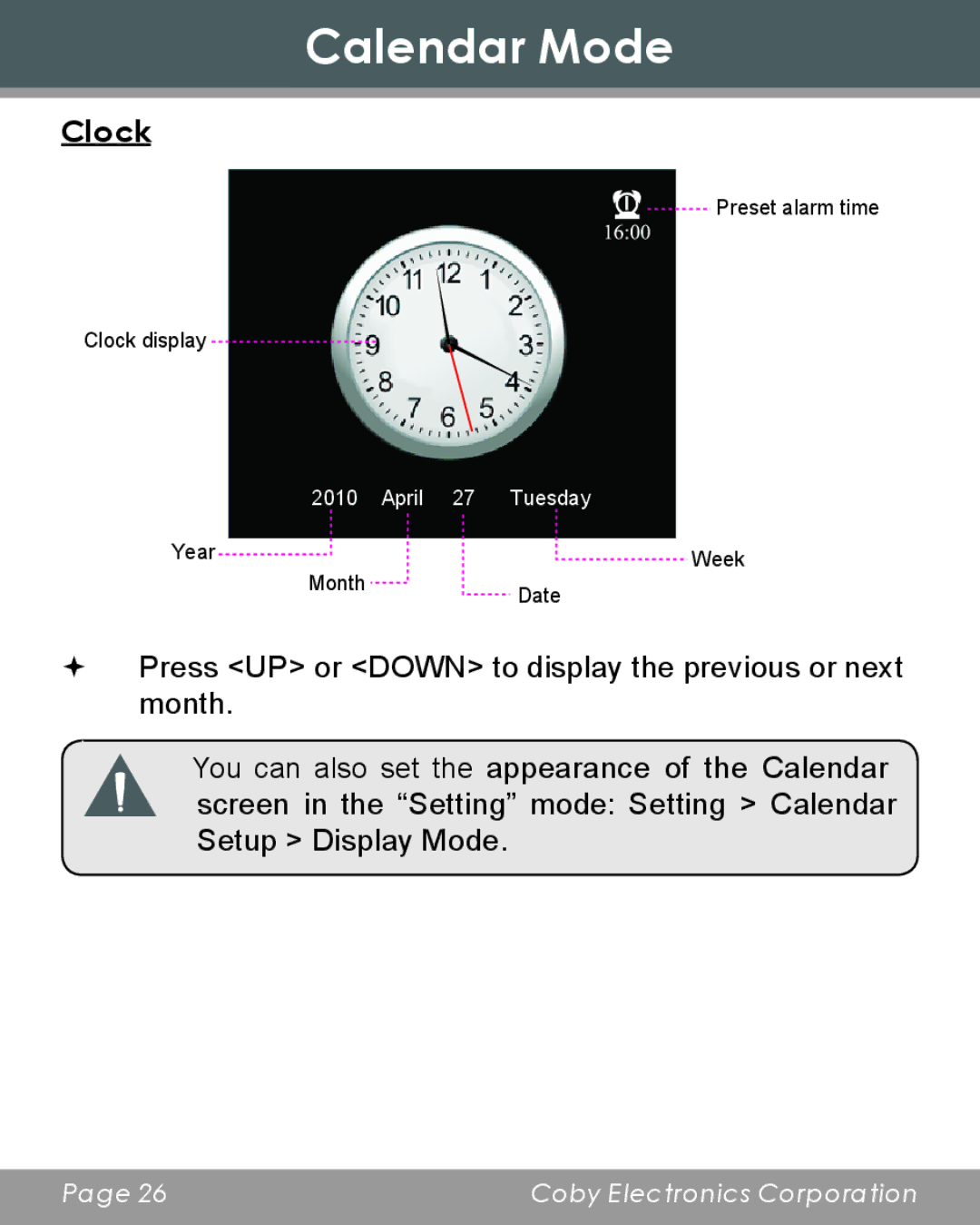 COBY electronic DP356 instruction manual Clock 