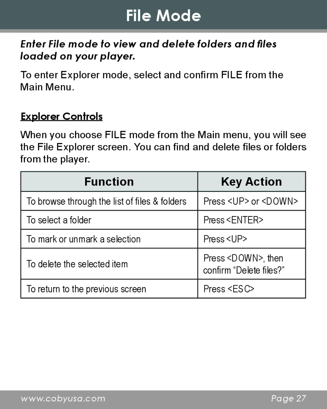 COBY electronic DP356 instruction manual File Mode, Explorer Controls 