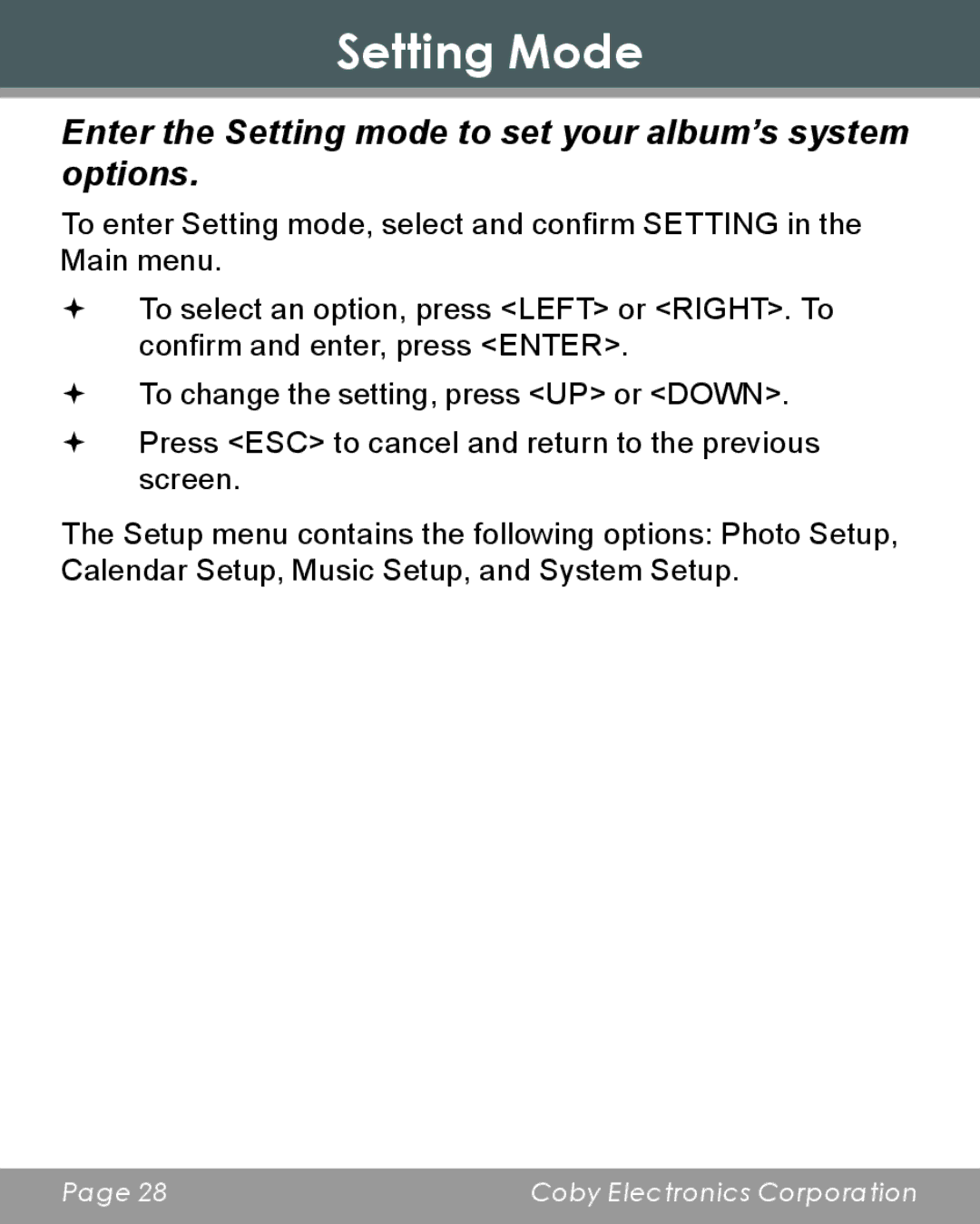 COBY electronic DP356 instruction manual Setting Mode, Enter the Setting mode to set your album’s system options 