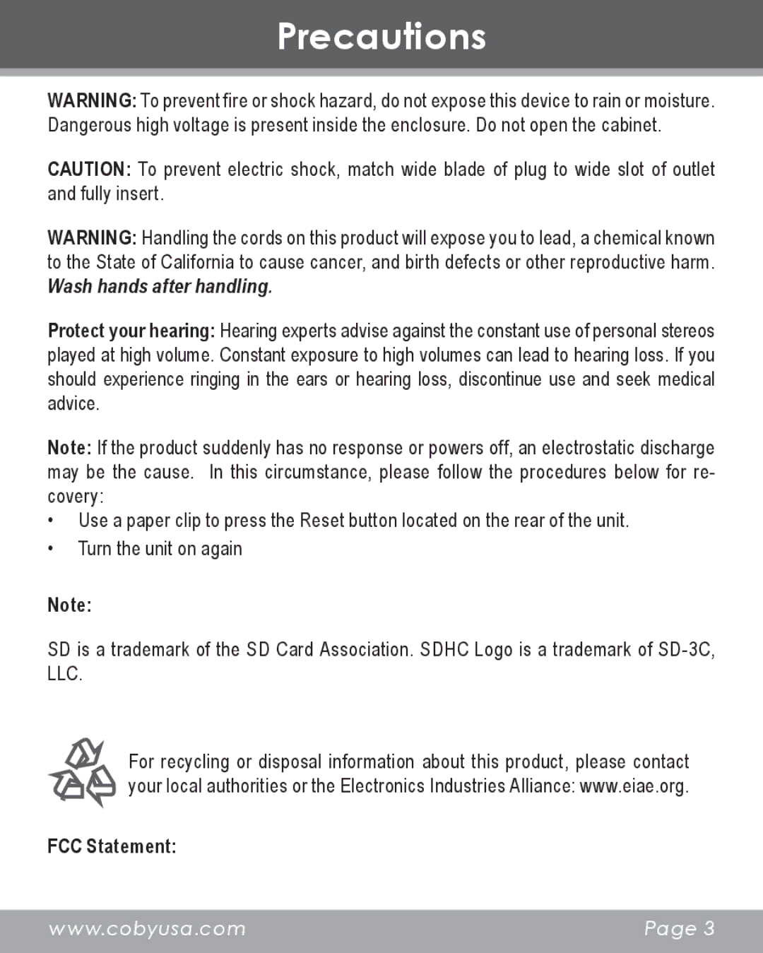 COBY electronic DP356 instruction manual Wash hands after handling 