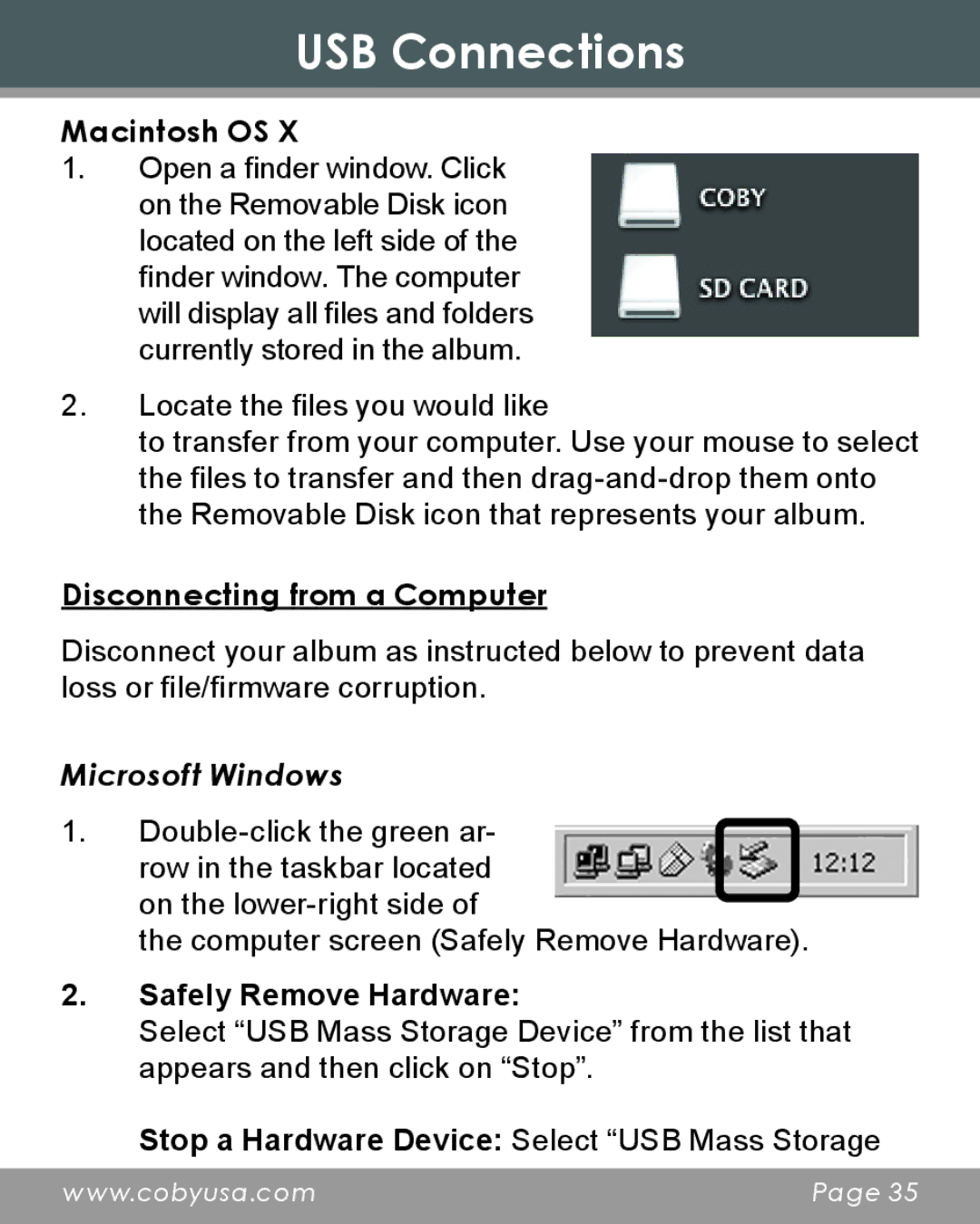 COBY electronic DP356 instruction manual Macintosh OS, Disconnecting from a Computer 