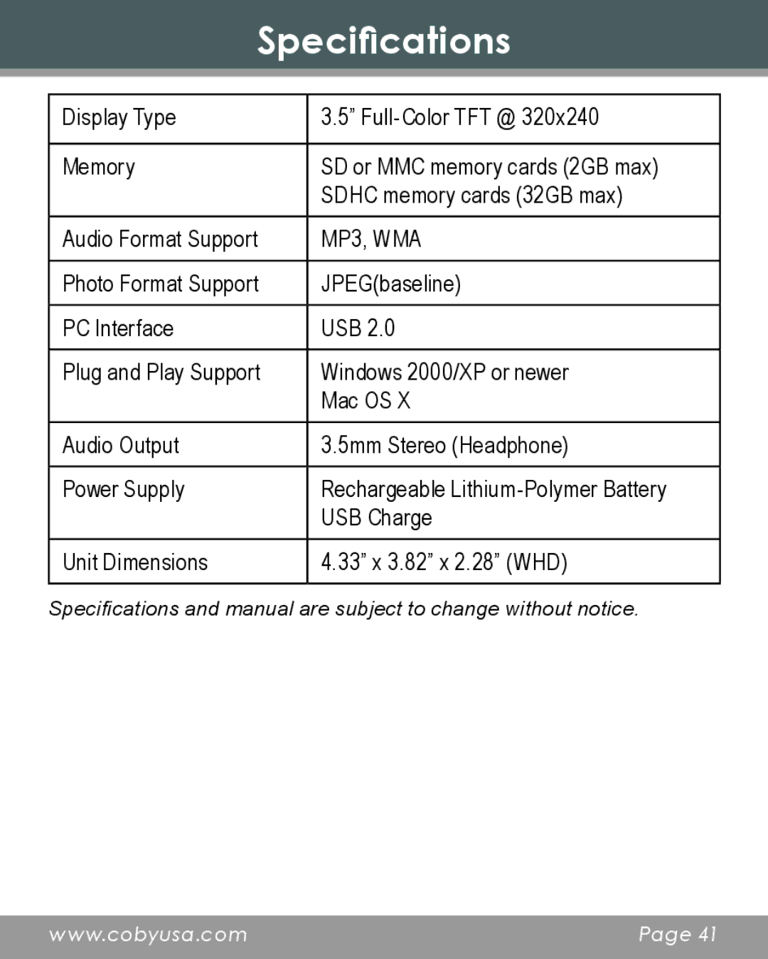 COBY electronic DP356 instruction manual Specifications, MP3, WMA 