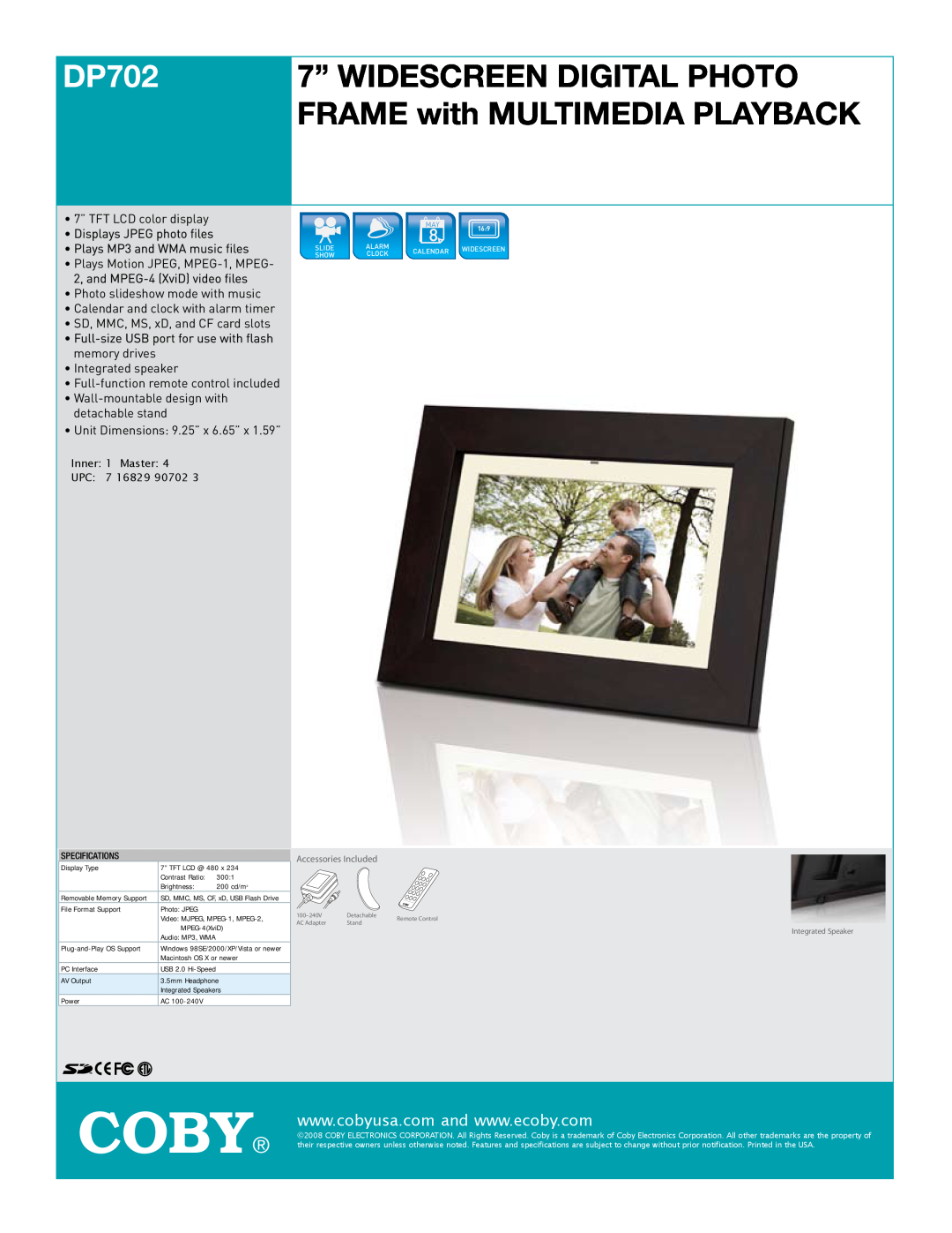 COBY electronic DP702 specifications Coby, 7” WIDESCREEN DIGITAL PHOTO FRAME with MULTIMEDIA PLAYBACK, Specifications 
