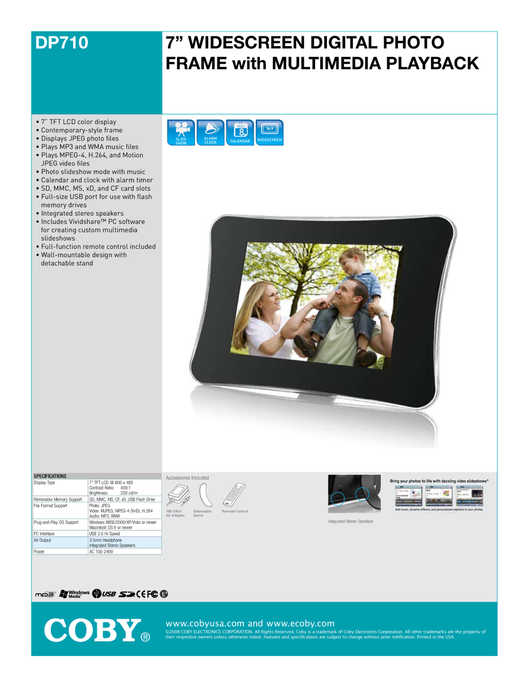 COBY electronic DP710 specifications Widescreen Digital Photo Frame with Multimedia Playback, Specifications 