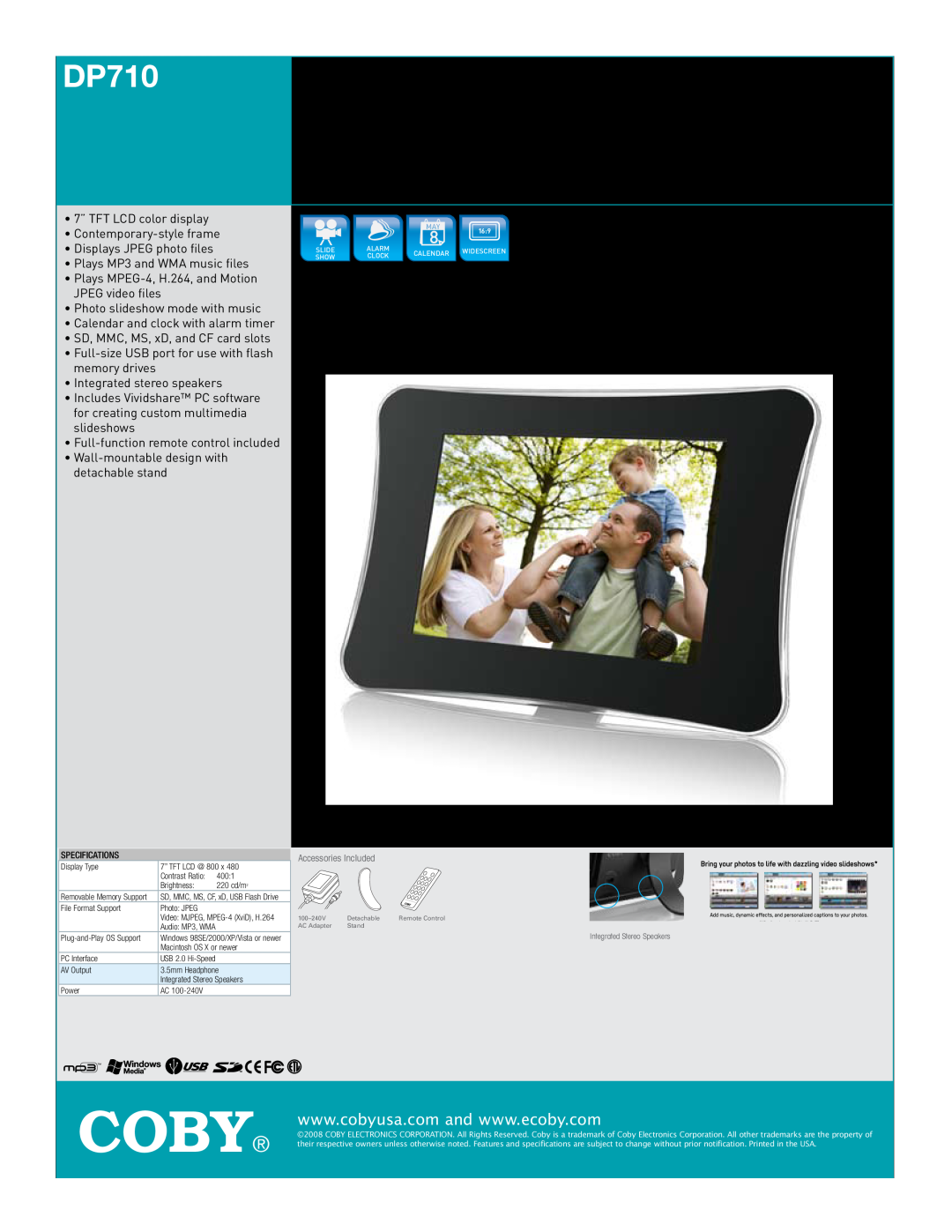 COBY electronic DP710 specifications Coby, 7” WIDESCREEN DIGITAL PHOTO FRAME with MULTIMEDIA PLAYBACK 
