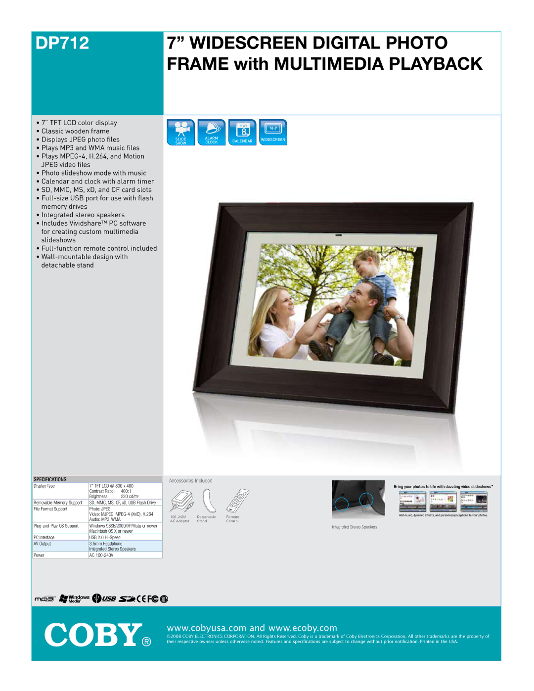 COBY electronic DP712 specifications Widescreen Digital Photo Frame with Multimedia Playback, Specifications 