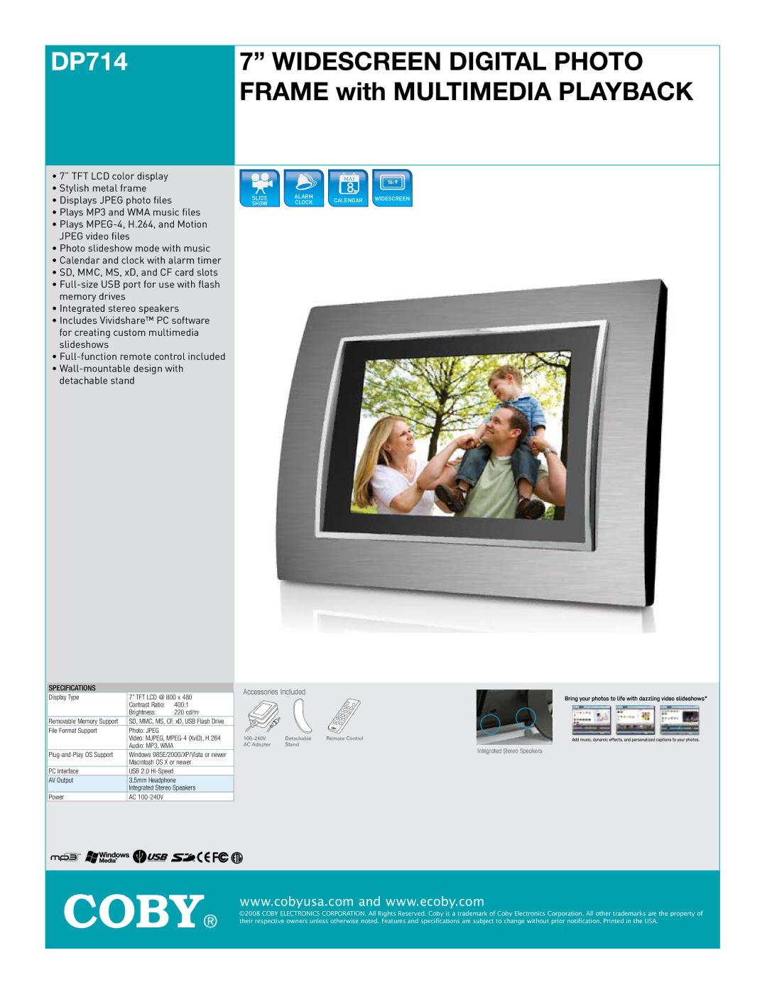 COBY electronic DP714 specifications Widescreen Digital Photo Frame with Multimedia Playback, Specifications 