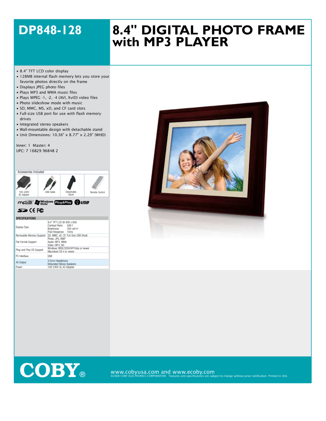 COBY electronic specifications DP848-1288.4 Digital Photo Frame with MP3 Player, Specifications 