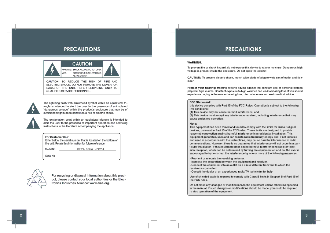 COBY electronic DP854 AC instruction manual FCC Statement 