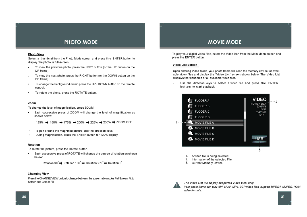 COBY electronic DP862, DP860 instruction manual Photo Mode Movie Mode 