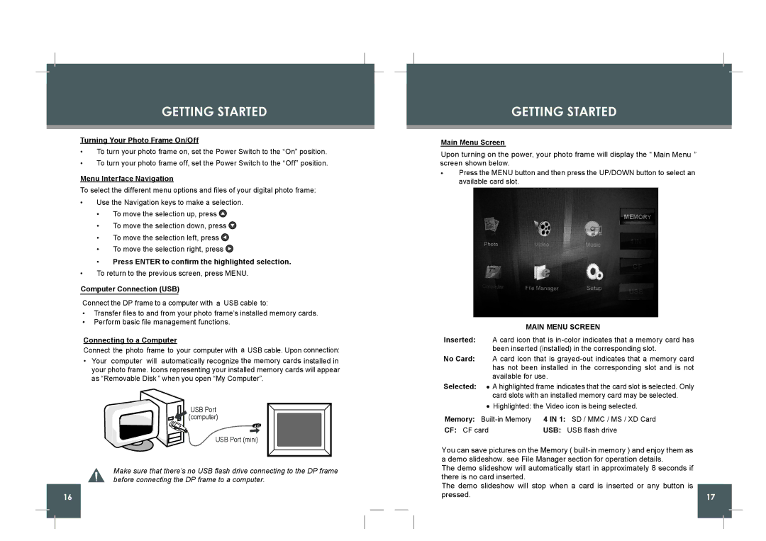 COBY electronic DP862, DP860 Turning Your Photo Frame On/Off, Menu Interface Navigation, Computer Connection USB 