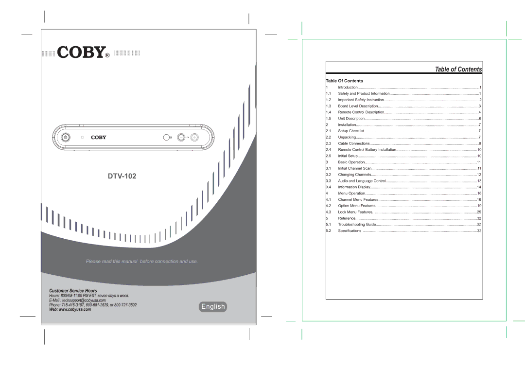 COBY electronic DTV-102 specifications 